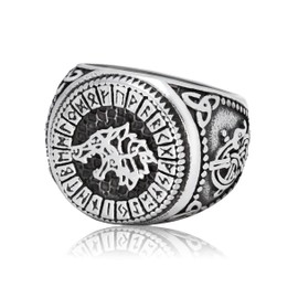Gungneer Stainless Steel Runic Fenrir Wolf Ring Odin Norse Rune Circle Viking Jewelry for Men Women
