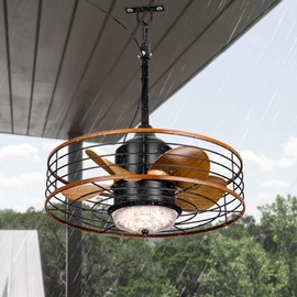 Dawn Whisper 20" Outdoor Ceiling Fans with Lights Gazebo Fan Waterproof for Patio Hanging with Plug In Cord Caged Ceiling Fans for Pergola Porch(Brown)