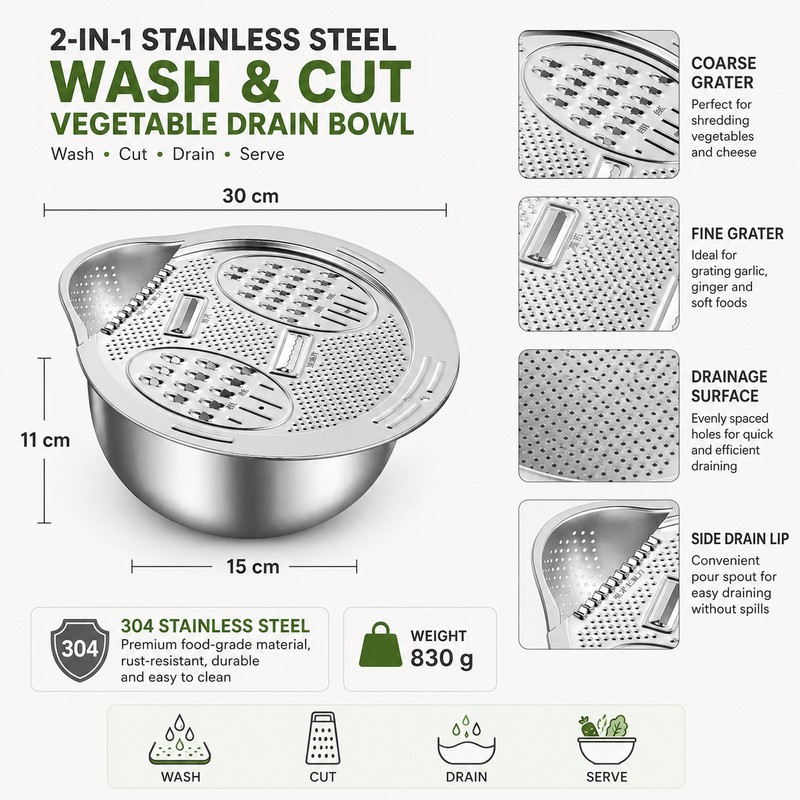 2-in-1 Stainless Steel Rice Washing Bowl with Grater – Side-Drain