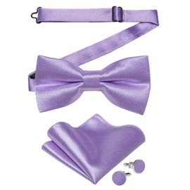 DiBanGu Mens Lavender Bow Ties Solid Color Ajustable Pre-tied Bowtie and Pocket Square Cufflinks Set Formal Lilac Tuxedo Bowties for Wedding Party