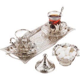 DEMMEX Turkish Tea and Coffee Serving Set for 2, 2 Glasses, Metal Glass Holders, Saucers, Spoons, Sugar Bowl with Lİd and Tray, Engraved, 3.3 fl Oz Capacity, 12x4 inches (Zamak Metal, Silver)
