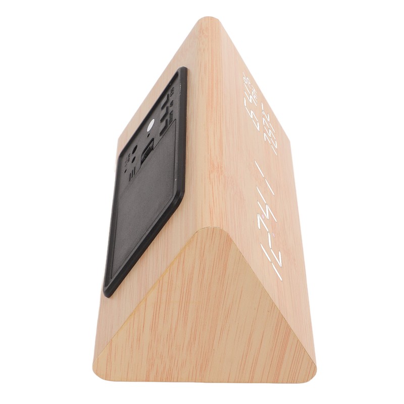 Triangular Digital Wooden Clock Time Date Temperature Humidity Display Alarm