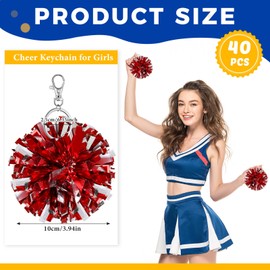 Remuuly 40 Pcs Cheer Pom Pom Keychain Cheerleader Gifts Cheerleading Keyring Charm Foil with Keychain Hooks for Women Accessories (Red Silver)