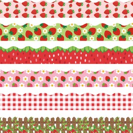 75Ft Strawberry Fruit Bulletin Board Borders Summer Back to School Classroom Decorations Red Pink Plaid Daisy Flower Scalloped Trim Strawberry Decor for Classroom Home Office Chalkboard Wall Door