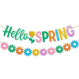 HOWAF Hello Spring Colorful Glittery Banner, Welcome Spring Flower Bunting Banner Garland for Happy Spring Party Supplies, Spring Easter Indoor Outdoor Home Mantel Fireplace Hanging Décor