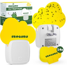 FROGURU Plug in Fly Trap Indoor with 14 Sticky Refills (2-Pack) - Easy to Use Odorless Indoor Fly Trap for Home with Yellow LED Light - Traps Insects Like Fruit Flies, Mosquitoes, Gnats, Moths, etc.