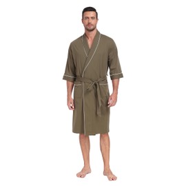 CF Men's Robe Cotton Bathrobe Soft Short Sleeve Bath Robes Shower Robe for Spa Soft Kimono Lightweight Sleepwear with Pockets(Olive Green,M)