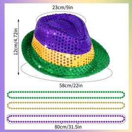 6Pcs Mardi Gras Accessories Set for Men Women - Sequin Cowboy Hat, Bow Tie, Suspender, 3Pcs Beads Necklaces