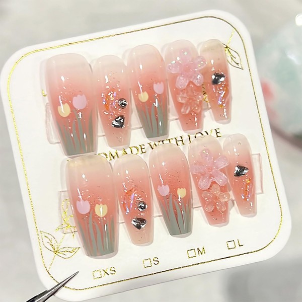 Flower Press on Nails Medium Coffin Fake Nails Spring Summer