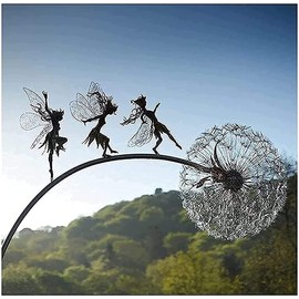 Fairies Dandelions Garden Art Sculpture Dance Together Yard Decorations Stainless Steel Garden Fairy Ornaments Fairy Sculpture Garden Dandelion for Outdoor Decoration Metal