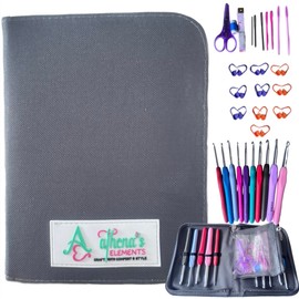 Athena's Elements 100% Accurate USA Standard Sizing - Perfect Crochet Hooks Case, Set with Removable Pocket, Complete Knitting Accessories (Grey)
