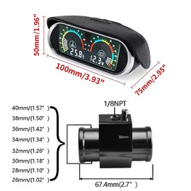 ZHSYMX 2-in-1 Auto Car LCD Meter Digital Voltage Water Temperature Fuel Gauge Universal Instrument 9-36V for Car Automotive with Joint Pipe Radiator Sensor Adaptor Black 32MM