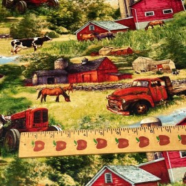 David Textiles Country Rustic Fabric Barn Tractor & Pickup Truck Scene David Textiles Half-Yard