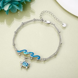DAYLINLOVE Turtle Wave Bracelet Sterling Silver Blue Opal Layered Bracelet Ocean Beach Jewelry for Women