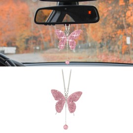Couslcd Bling Butterfly Diamond Car Accessories, Crystal Car Rear View Mirror Charms for Women, Car Decoration Lucky Hanging Interior Crystal Ornament Pendant Decor for All Cars (Pink)