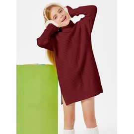 Haloumoning Kids Girls Turtleneck Tunic Sweaters Dress Oversized Long Sleeve Knit Chunky Pullover Jumper with Slit 5-14T Red