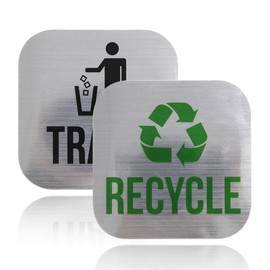 2 Pack Recycle and Trash Magnets,Brushed Silver Recycle Magnet for Trash Can,2 Magnetic Sticker Adhesives,Trash Recycle Sticker for Kitchen Trash Cans,Recycling Bins,Outdoor Waste Bin (Square)