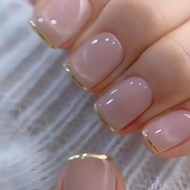 Gold French Tip Fake Nails Short Press on Nails Summer Suqare False Nails Glossy Pink Bright Nails Press ons Gold French Nail Tip Designs Acrylic Nails 24Pcs Artificial Solid Color Glue on Nails