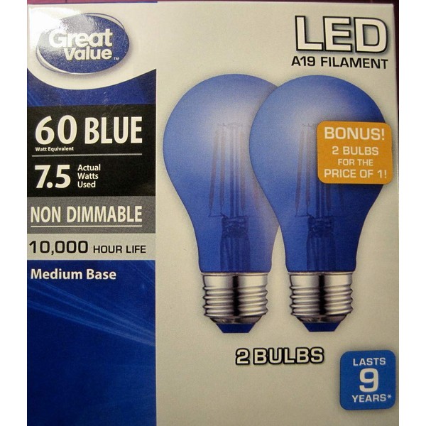 Great Value LED 60 Watt Equivalent Blue Light Bulb, 10,000 Hours Life