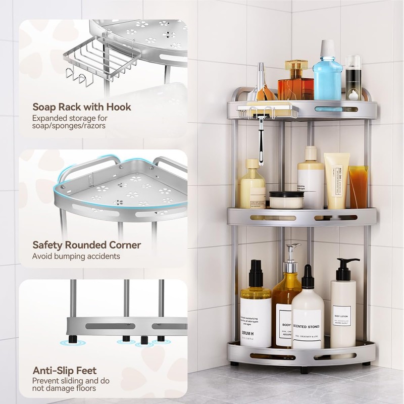 Binecer Corner Shower Caddy Standing, 3 Tier Shower Organizer Stand