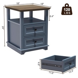 REDAYFUR End Table with Fast USB C Charging Station, 18" Wide Tall Sofa Side Table with 2 Drawers, Large Storage Rustic Wood Square Storage Cabinet for Living Room,Bedroom,Office, Blue