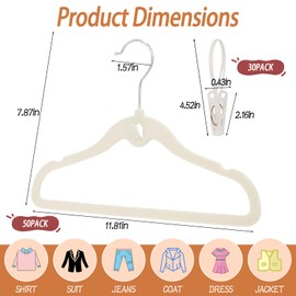 Kids Velvet Hanger 50 Pack, 11.8" Clothes Hanger with 30 Clips, Non-Slip Flocked Hangers, Space Saving Small Clothes Hangers for Closet, Coats, Pants, Dresses (Beige)