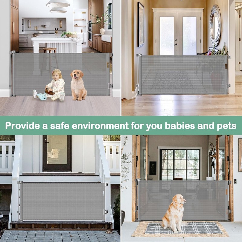 55 Inch Retractable Dog Gate Outdoor Scratch-Resistant Mesh Baby Gate