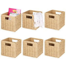 OMISTAR 6 Pcs 8.7 Inch Wicker Storage Cubes Bins - Woven Paper Rope Storage Baskets, Foldable Storage Bins with Handles, Collapsible Square Storage Containers for Shelves, Closets, 8.7×8.7×8.7"