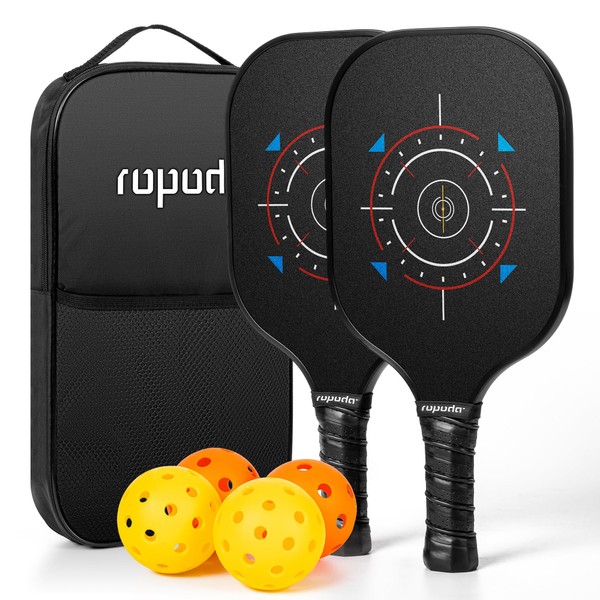 ropoda Pickleball Paddles, Lightweight Fiberglass Surface Pickleball Set, Pickleball Paddles Set of 2 with 4 Pickleballs and Portable Bag, Pickleball Rackets for Beginners and Professional Players