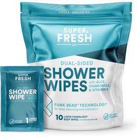 Toallitas de Ducha Super Fresh FunkBlock, 10 Toallitas Individualmente Envolvidas, Hipoalergénicas con Aloe y Vitamina E, Toallitas Corporales para Gimnasio, Camping y Viajes, Sin Necesidad de Enjuague