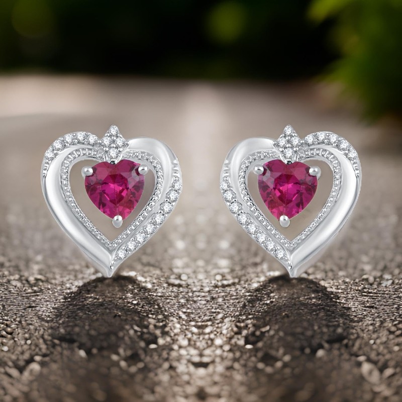 Jewelili Sterling Silver 5MM Created Ruby and Round Created White