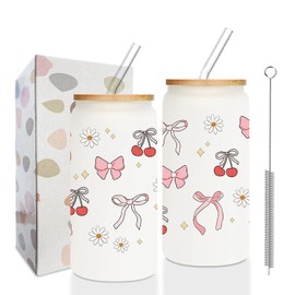 Cherries Bows Cups with Lids and Straws, 16 Oz Cherry Cup Gifts for Women, Cherry Lovers Gifts, Cute Bow Cups for Women, Birthday Gifts for Cherry Lovers, Cherry Themed Frosted Cup-Birthday Gift Idea