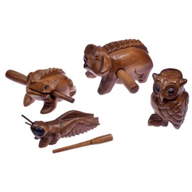 LOGOPLAY Set of 4 Sound Animals (Frog, Pig, Grill, Owl) - Sound Animals - Music Animals - Music/Percussion Instruments Made of Wood