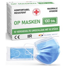 ADESTE – 100x Einweg OP Masken Typ IIR, 3-lagig, spritzwassergeschützt, konform mit UNI EN 14683:2019+AC:2019, BFE >98%