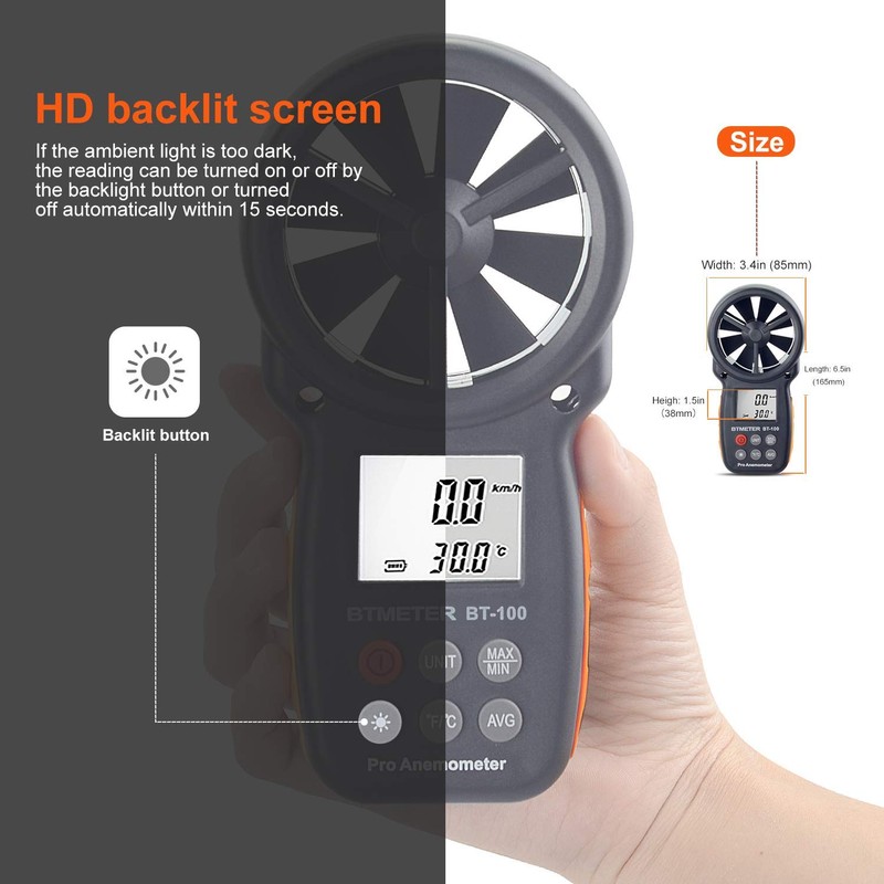 BTMETER BT-100APP Anemometer w/Wireless Bluetooth, Digital Handheld Wind Speed Meter