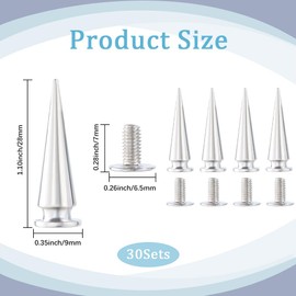 GORGECRAFT 1 Box 30 Sets 28mm Punk Spike Studs Silver Metallic Metal Tree Cone Screwback Rivets Screw on Cone Leathercraft Rivet for Leather Clothing Jackets Shoes DIY Crafts