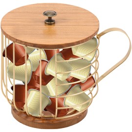 Coffee Pod Holder, Rustproof Coffee Pod Basket with Wood Base and Lid Space Saving Organizer Versatile Bar Basket for Home Kitchen Countertop Office(golden,Lid)