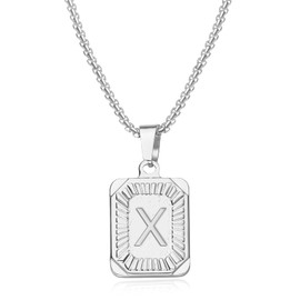 Silver Initial Pendant Necklace for Men Women, A-Z Stainless Steel Letter Pendant Necklace Square Capital Initial Letter Necklace