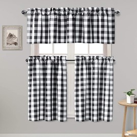 Hiasan 3 Piece Semi Sheer Black Kitchen Curtains Light Filtering Buffalo Checkered Tier and Valance Window Curtains Set, 60 W x 18 L (1 Panel) + 29 W x 36 L (2 Panels)