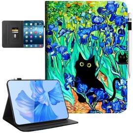 HOTART Case for iPad (A16) 11th Generation, iPad 10th Generation Case with Pencil Holder Women Men Kids Multi-Angle Adjustable Stand Shockproof with Magnetic Closure/Card Slots/Auto Wake Sleep, Irises Cat