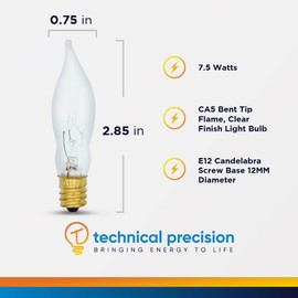 Technical Precision CA5 7.5 Watt Chandelier Bulb Replacement for Satco S3241 120V Flame Tip Incandescent Bulbs for Decorative Lighting - E12 Candelabra Base Lamps - 2700K Warm White - 4 Pack