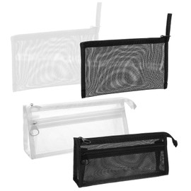 MBAIYO 4 Pack Grid Mesh Pencil Case, Black Pencil Case with Handle and Zipper White Double Layer Clear Pouch Large Capacity Bag for Makeup Toy Game Travel Toiletry School Office Supplies Storage