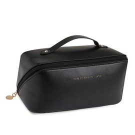 CCAIPU Travel Makeup Bag, Large Capacity Cosmetic Bags for Women PU Leather Waterproof Toiletry Bag Portable Pouch Open Flat Make up Bag with Handle (Black)