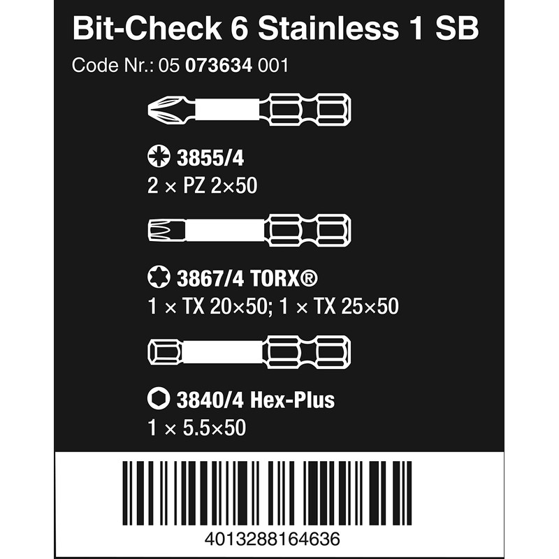 Wera Bit-Check 6 Stainless 1 SB Bit set, PZ/TX/HEX, 6