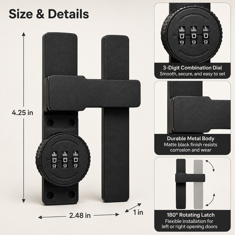 Combination Door Lock for Sliding Doors - 3-Digit Keyless Deadbolt