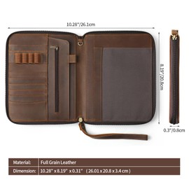 Ringsun A5 Leather Journal Notebook Cover 5 x 8 inch Portfolio, Zippered Business Padfolio Organizer Folder Dark Brown Color with Notepad Holder, Card Slots, Pen Loop