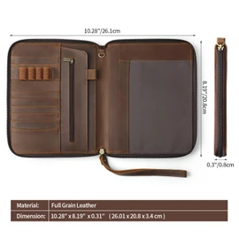 Ringsun Genuine Leather Portfolio with Zipper, Padfolio Portfolio Organizer Folder for Men Women, Professional Business Card Holder for A5 Letter Size Notepad, Resume, Writing Pad, Pen Loop