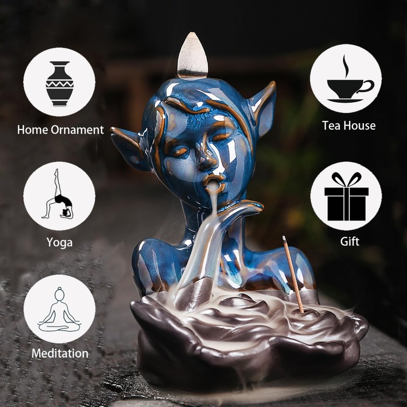 Blue Glaze Elf and Black Rose Ceramic Ornament, Backflow Incense
