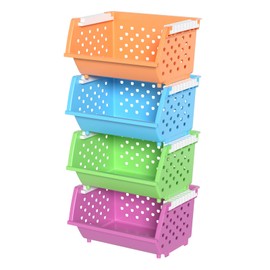 Uumitty 4 Tier Extra Large Stackable Baskets, Plastic Stackable Storage Bins Shelves for Closet Wardrobe, Playroom, Kitchen and Pantry Organization
