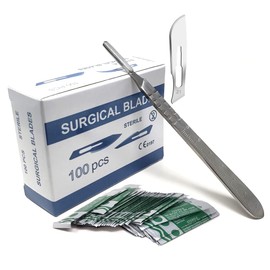Box of 100 Scalpel Sterile Blades Carbon Steel Individually Foil Wrapped With Stainless Steel Scalpel Handle (Blade #21 + Handle #4)